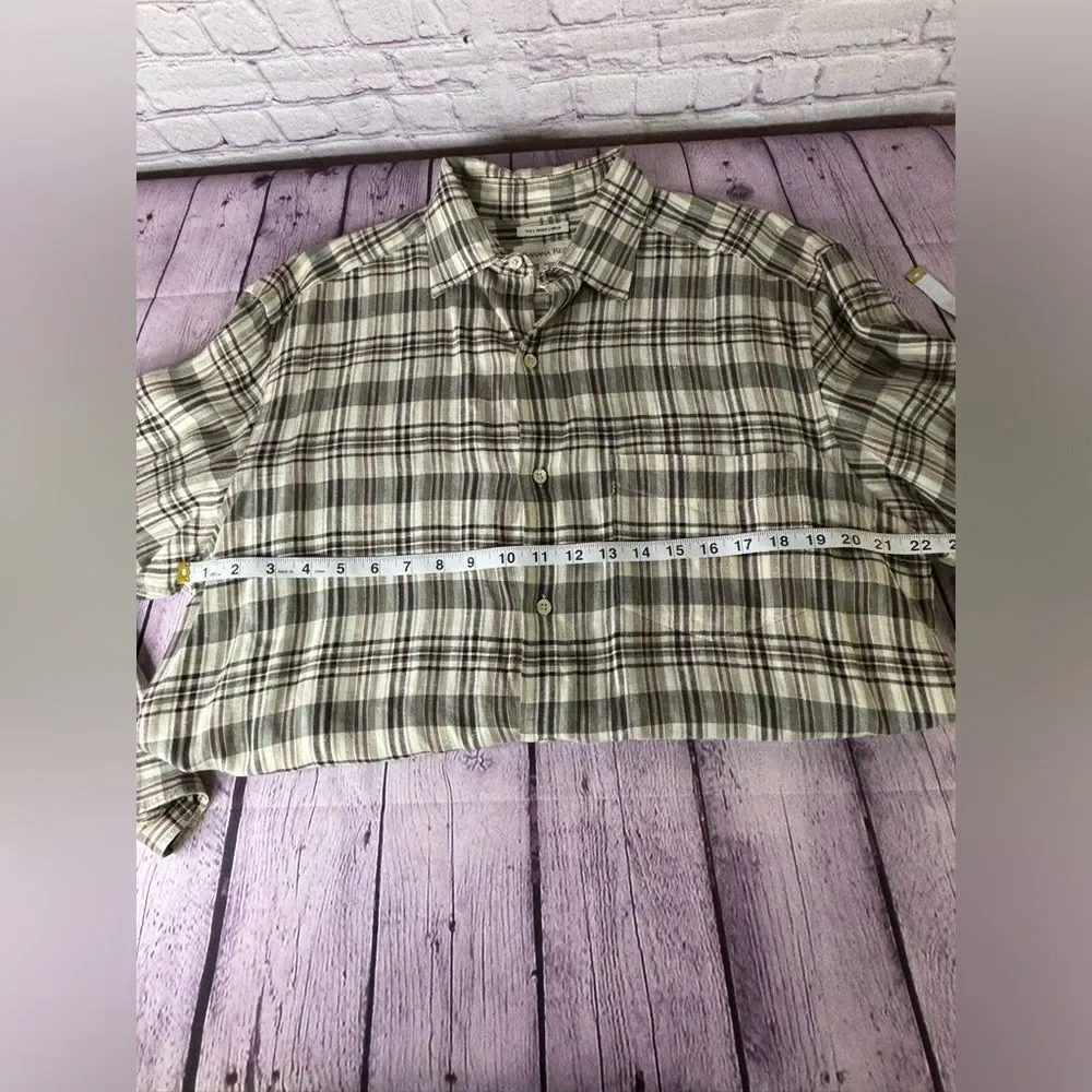 Banana Republic Cream Tan Burgundy Plaid Classic 100% Irish Linen Button Up M
